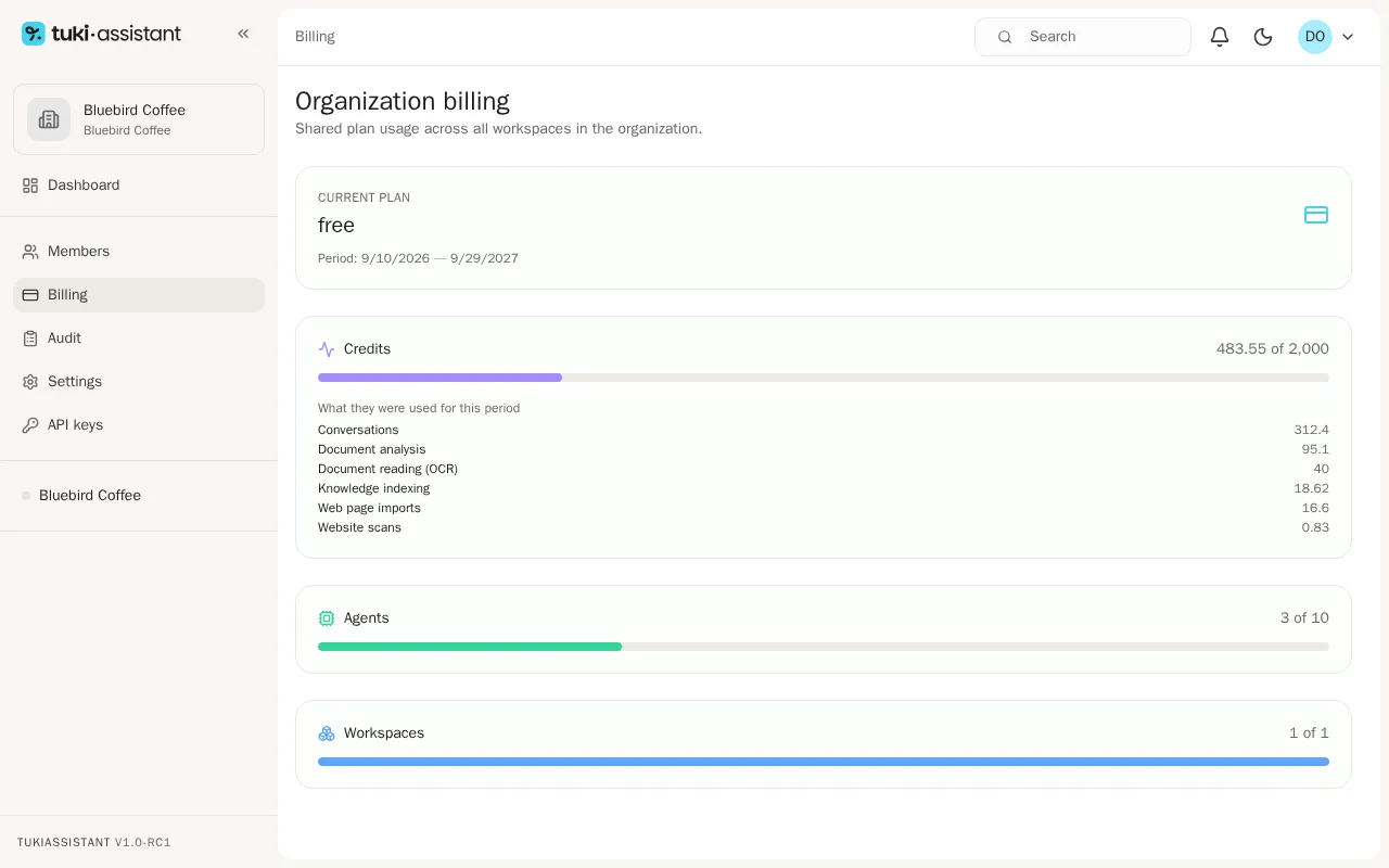 Organization billing with the credits used