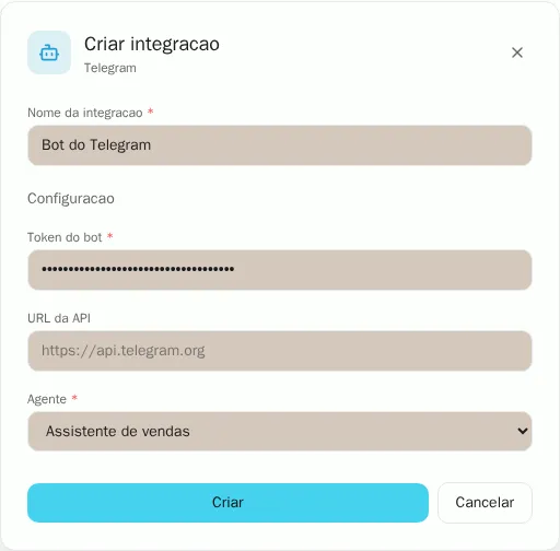 Formulário para conectar o Telegram