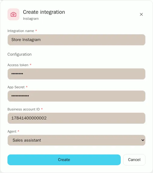 Form to connect Instagram
