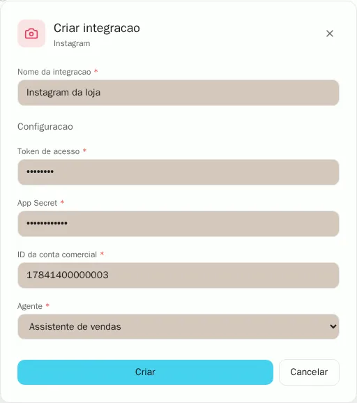 Formulário para conectar o Instagram