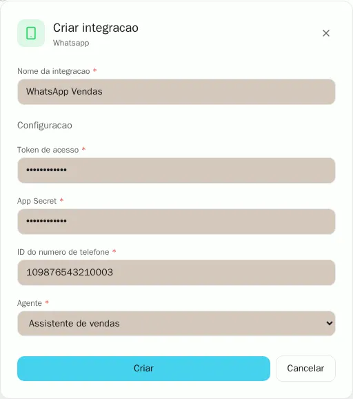 Formulário para conectar o WhatsApp
