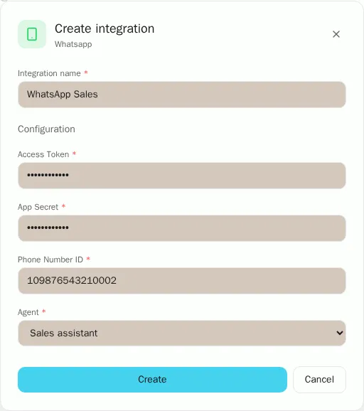 Form to connect WhatsApp