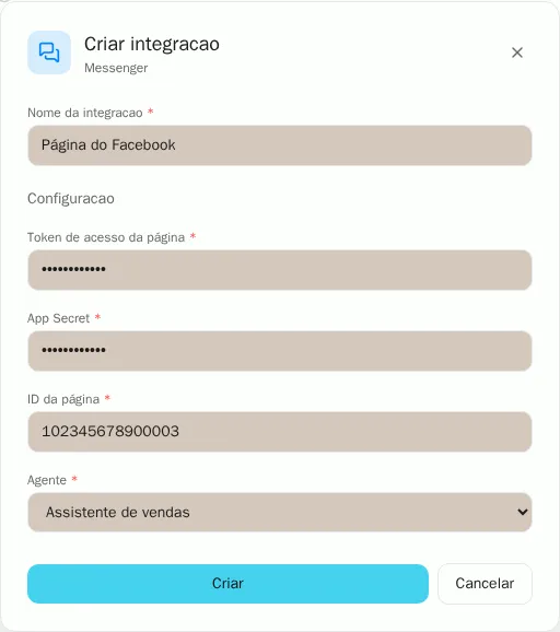 Formulário para conectar o Messenger