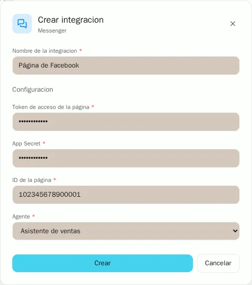 Formulario para conectar Messenger