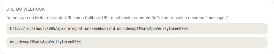 URL do webhook e token de verificação