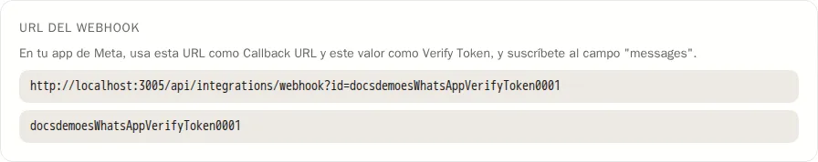 URL del webhook y token de verificación